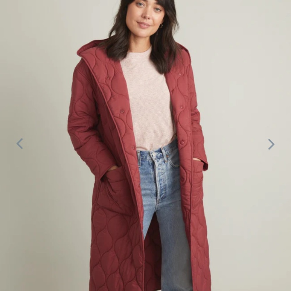 Women’s Marine Layer Long Line Quilted Overcoat in Ruby Wine, size small